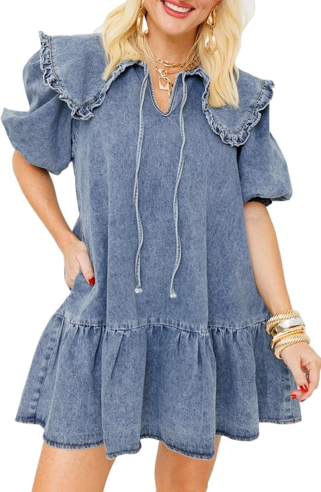 Women's Dusk Blue Ruffled Collared Puff Sleeve Denim Mini Dress with Side Pockets | Amazon (US)
