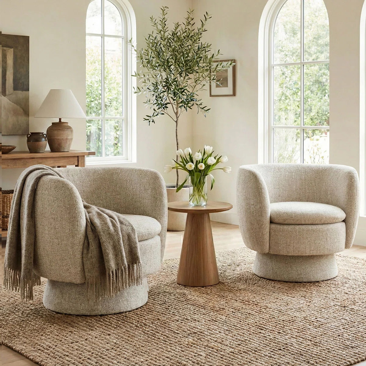 31" Wide Upholstered Tweed Swivel Barrel Accent ArmChair - 360° Rotation (2-Pack) | Wayfair North America