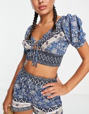 River Island cut out puff sleeve printed bardot beach top in blue - part of a set | ASOS (Global)