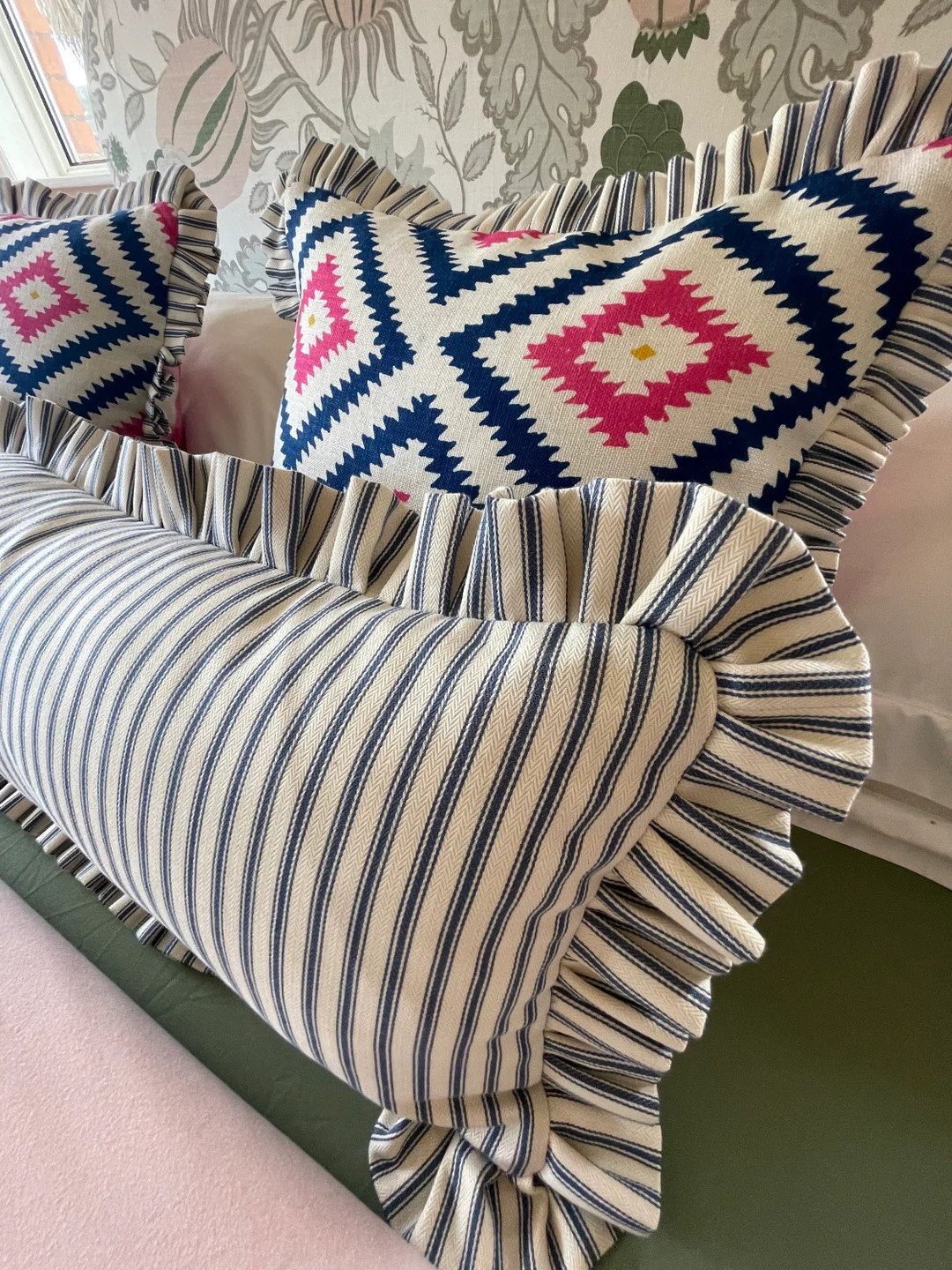 Extra Large Ruffled Lumbar Cushion Cover Striped Frilled Pillow Navy Blue Ticking Stripe 96cm X 4... | Etsy (US)