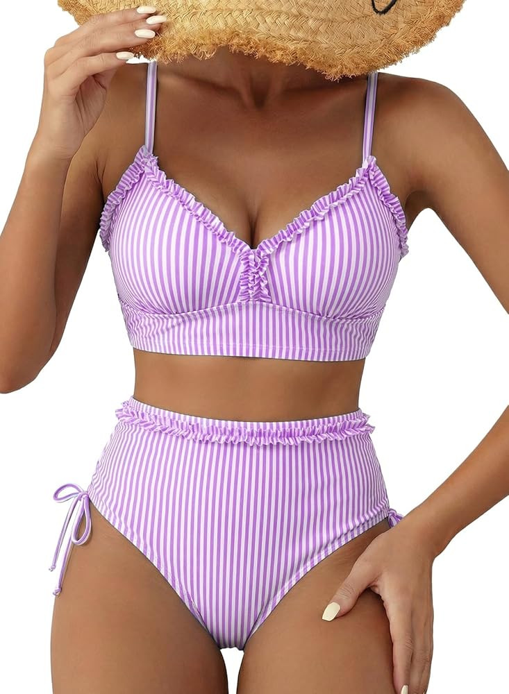 Herseas Women's Splice Ruffle Trim Bikini Sets Tie Side Swimsuits High Waisted Bathing Suits | Amazon (US)