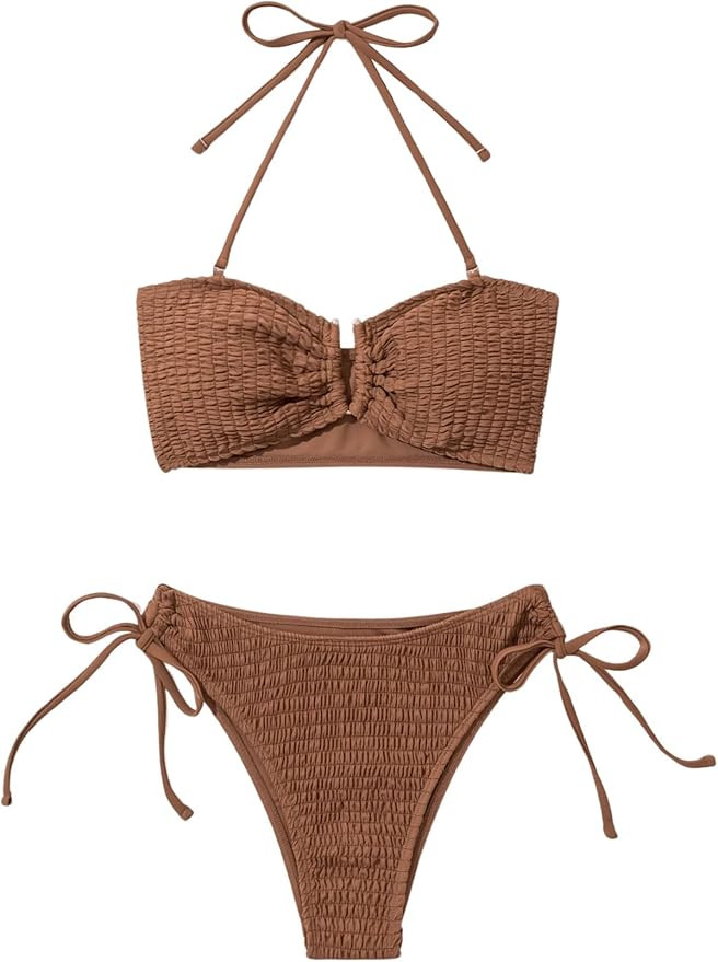 SweatyRocks Women's 2 Piece Bathing Suit Halter Neck Smocked Bikini Set Tie Side High Waisted Swi... | Amazon (US)