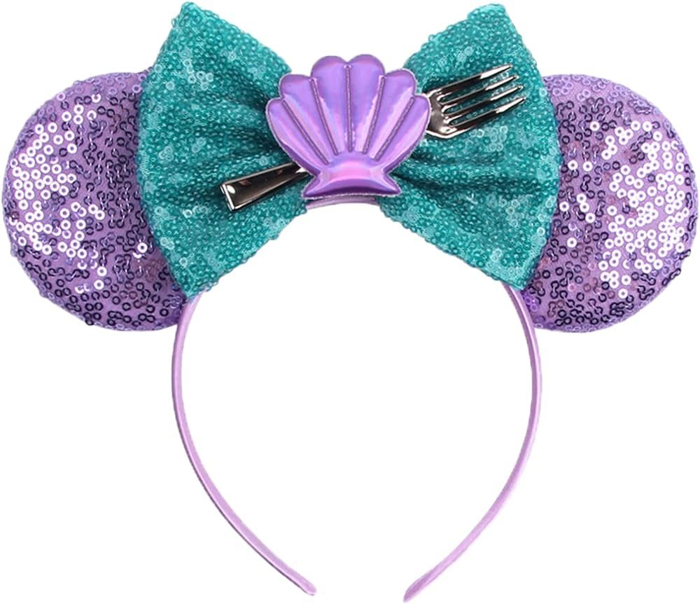 Mermaid Ears for Women, Mouse Ears Mermaid Ears, Mermaid Headband for Holiday Theme Park Cosplay Role Play (Purple/Shells) | Amazon (US)