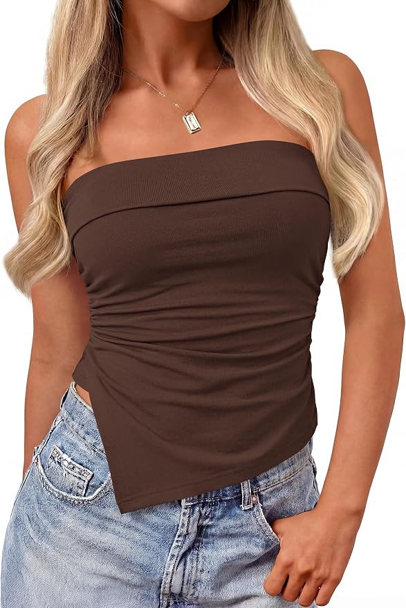 PRETTYGARDEN Going Out Tube Tops for Women Trendy Summer 2026 Asymmetrical Ruched Strapless Bande... | Amazon (US)
