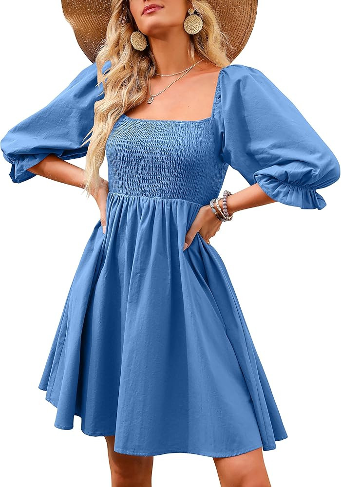 ANRABESS Womens 3/4 Puff Sleeve Square Neck Smocked Babydoll Dress Cute A Line Flowy Short Mini D... | Amazon (US)