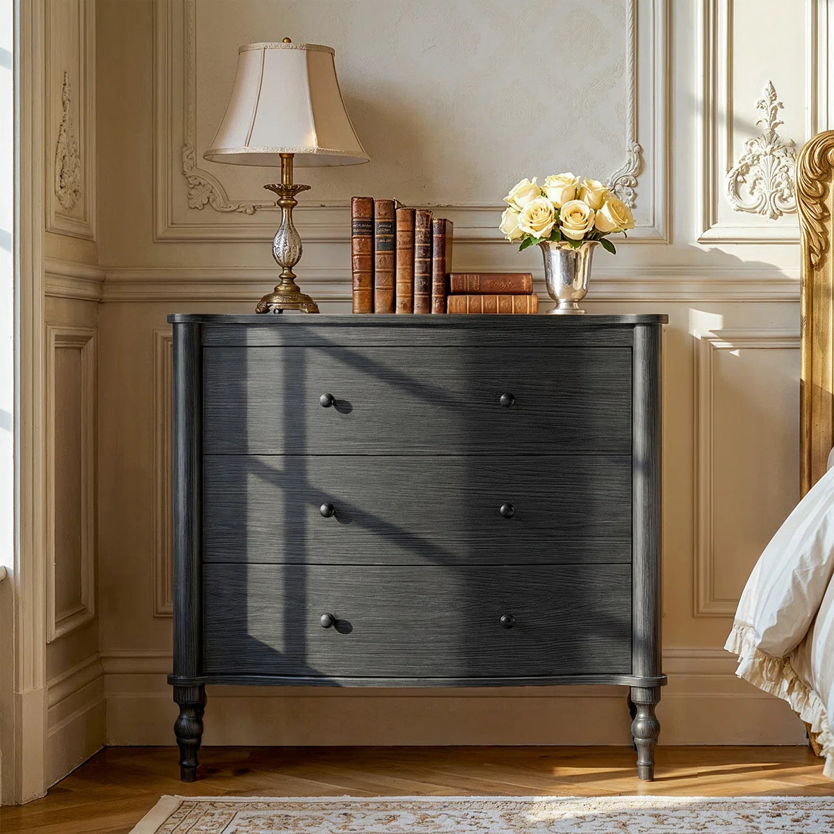 32.8'' W Vintage Curved Front Nightstand with 3 Drawers, Solid Wood Legs and Metal Knobs Adorn | Wayfair North America