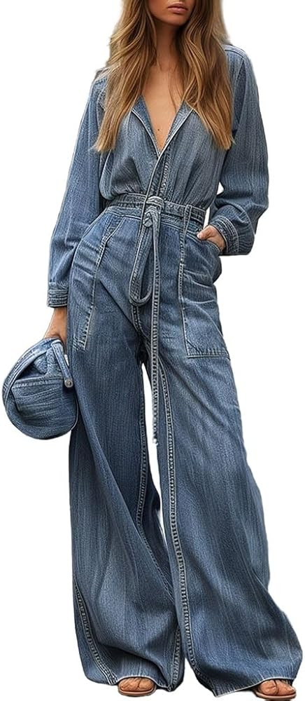 THLAI Blue Jean Jumpsuits for Women Denim Long Sleeve V-Neck Wide Leg Jumpsuits Casual One Piece ... | Amazon (US)