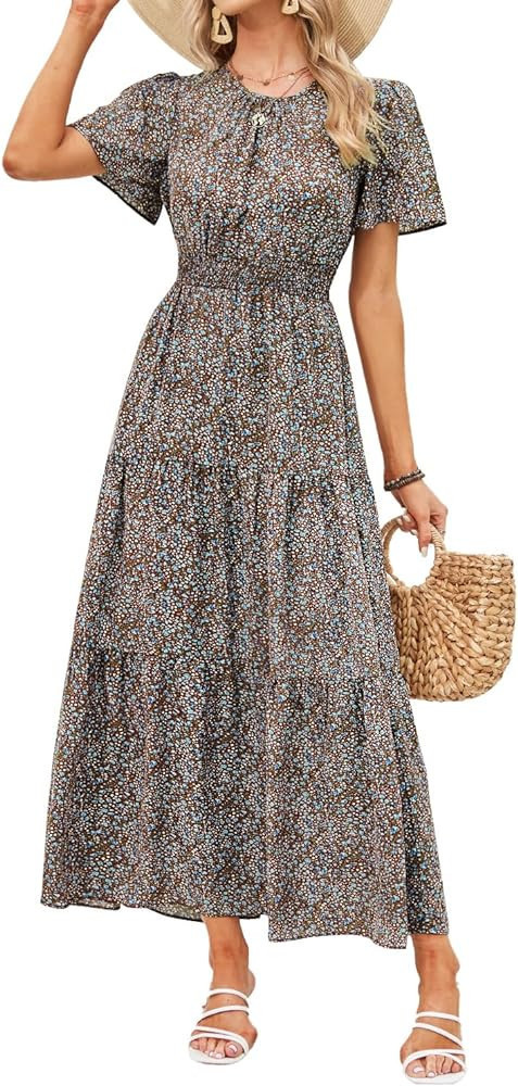 Women's Summer Casual Short Sleeve Blue Floral Dress Brown Floral Dress Dusty Light Blue Dress | Amazon (US)