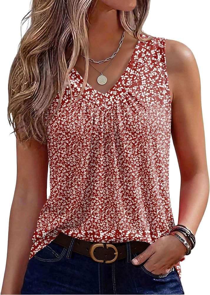 Zeagoo Womens Tank Tops Summer Sleeveless Loose Fit Tops V Neck Pleated Shirts Basic Tees Dressy ... | Amazon (US)
