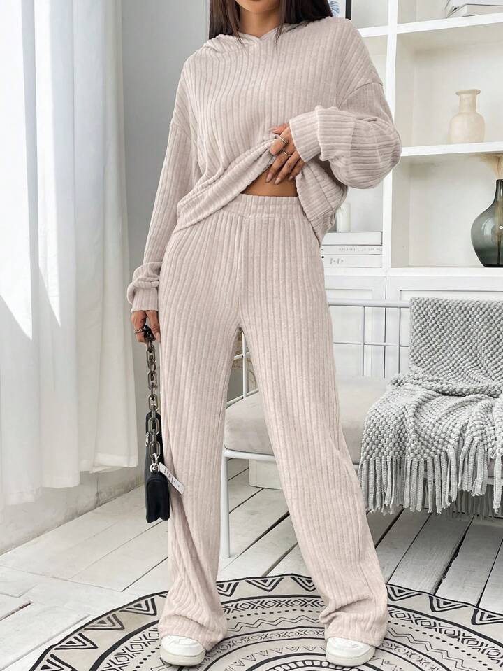 SHEIN EZwear Drop Shoulder Hoodie & Wide Leg Pants | SHEIN