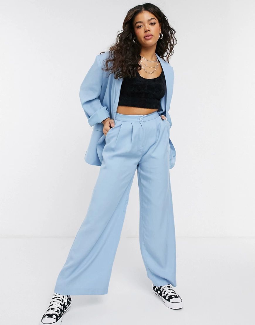 Monki Gaby suit set wide leg pleated pants in blue-Blues | ASOS (Global)