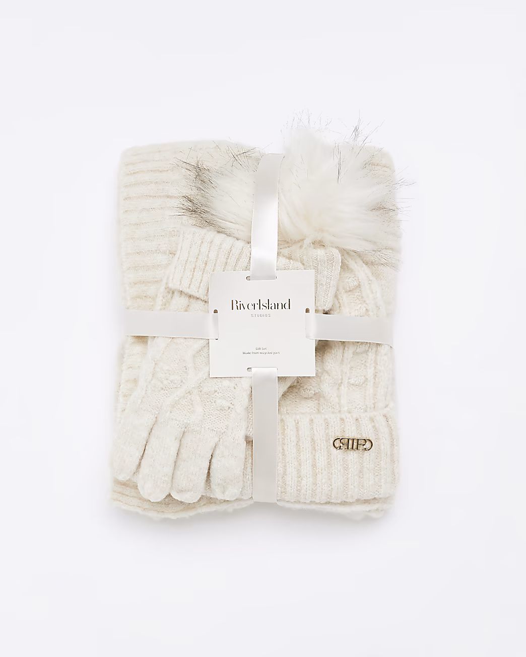 Beige cable knit hat gift set | River Island (UK & IE)