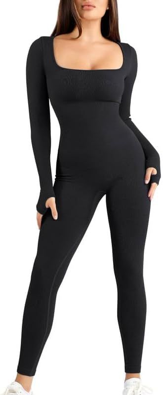 Popilush Long Sleeve Jumpsuit for Women Built-In Bra Seamless Ribbed Square Neck Full Length Body... | Amazon (US)