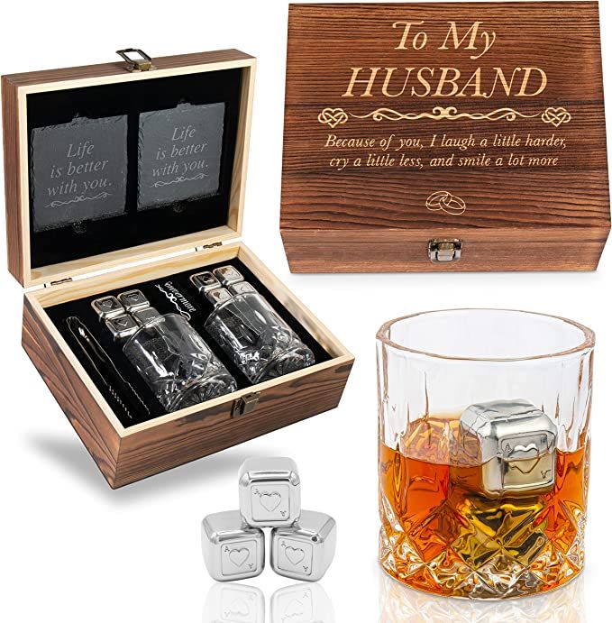 GreenCor Valentines Day for Husband from Wife - Engraved 'To My Husband' Crystal Whiskey Glass Se... | Amazon (US)