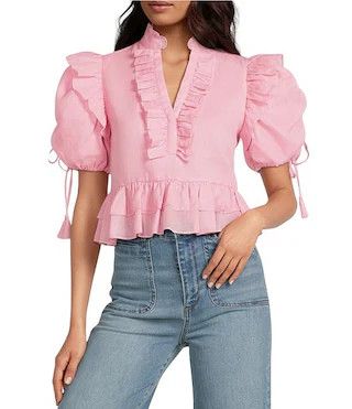 A Loves A Woven Ruffle Split V-Neck Short Bubble Sleeve Cropped Flounce Blouse | Dillard's | Dillard's