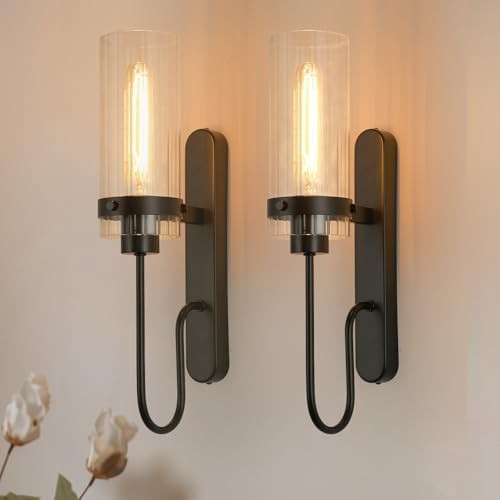 Bathroom Sconces Set of 2, Black Modern Vanity Lights with Clear Glass Shade, Indoor Farmhouse Wa... | Amazon (US)