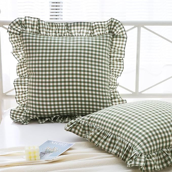 Sage Green Plaid Ruffle Euro Pillow Shams 26"x26",2 Pack Vintage Checkered Washed Cotton Pillow C... | Amazon (US)