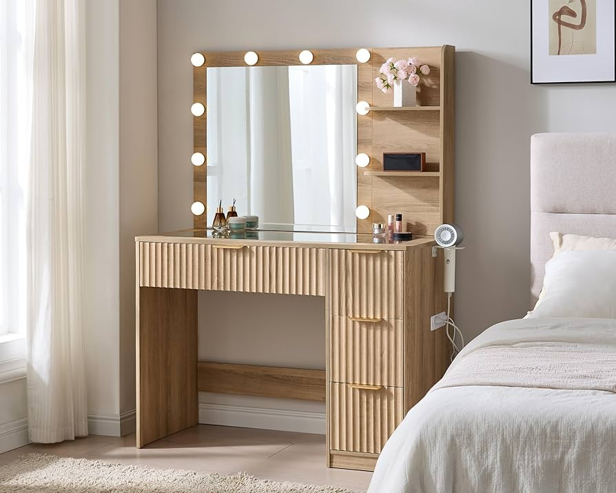 AMERLIFE 36.2" Fluted Vanity Desk with Mirror and Adjustable LED Lights, Large 4 Drawers Makeup T... | Amazon (US)