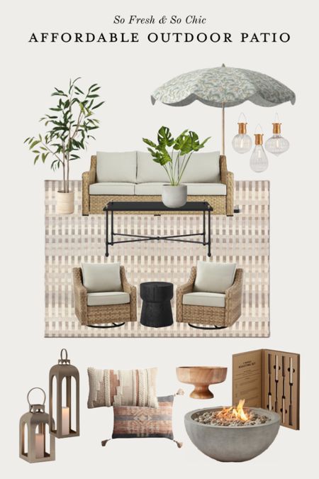 Stylish neutral and AFFORDABLE outdoor patio seating area! The seating is under $500 for the sofa and under $500 for the chairs! Amazing deal. 
-
Outdoor decor - patio furniture - affordable outdoor - affordable patio furniture - outdoor planter - gold outdoor lanterns - outdoor textured throw pillows - fire pit - scalloped outdoor floral umbrella - wood stump black accent table - woven upholstered outdoor sofa - woven upholstered outdoor arm swivel chairs - Walmart outdoor bhg- target - opalhouse - studio mcgee outdoor rug - neutral outdoor space - Amazon outdoor lighting - wood pedestal bowl - faux tree target 

#LTKSeasonal #LTKsalealert #LTKhome