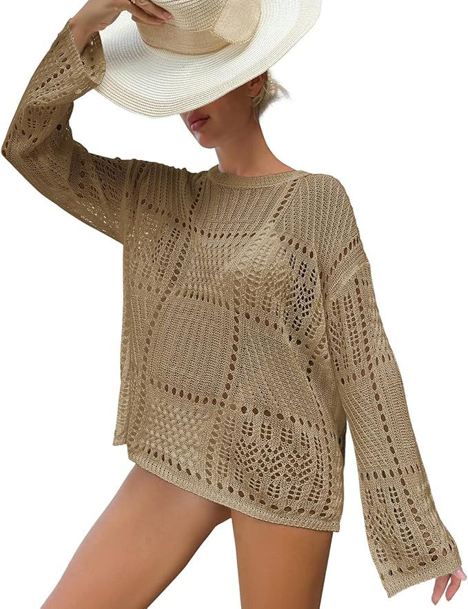 Crochet Cover Up Hollow Out Drop Shoulder Cover-ups Knit Long Sleeve Beach Dress for Women       ... | Amazon (US)