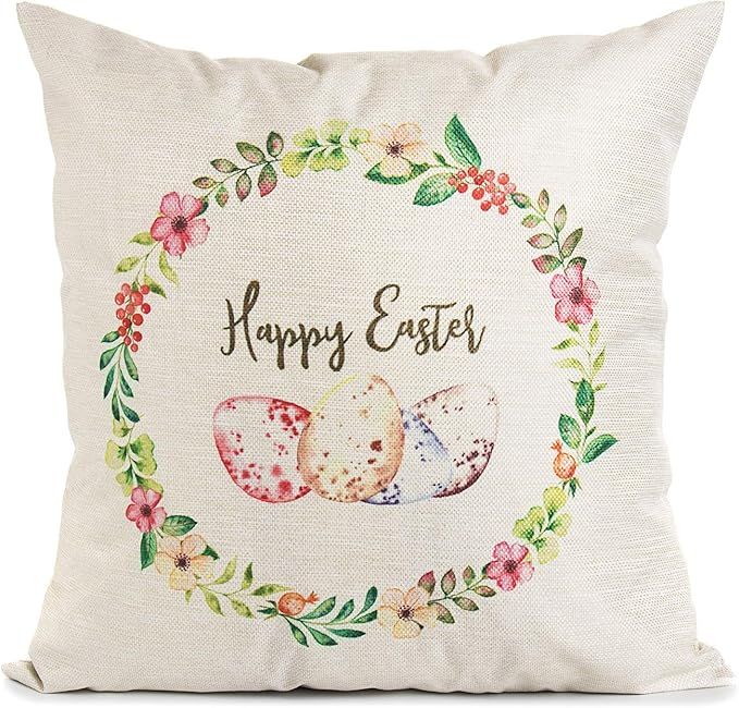 Arundeal Decorative Throw Pillow Case Cushion Cover, 18 x 18 Inches, Happy Easter Eggs with Wreat... | Amazon (US)