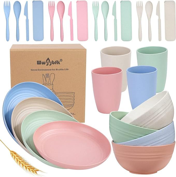 Wheat Straw Dinnerware Sets, 28PCS Unbreakable, Microwave and Dishwasher Safe Tableware Set, Ligh... | Amazon (US)