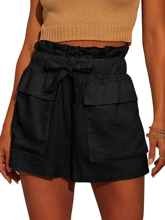 Linen Shorts for Women Ruffled High Waisted Casual Wide Leg Utility Shorts with Pockets | Amazon (US)