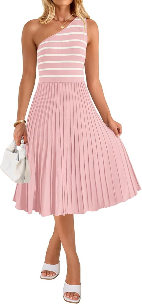 ZESICA Womens Summer Casual One Shoulder Midi Dresses 2024 Spring Sleeveless Striped Knit Pleated... | Amazon (US)
