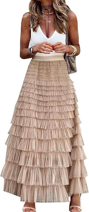 Womens Long Maxi Tulle Skirt A Line Ruffle Mesh High Waisted Tiered Layered Skirts Petticoat | Amazon (US)