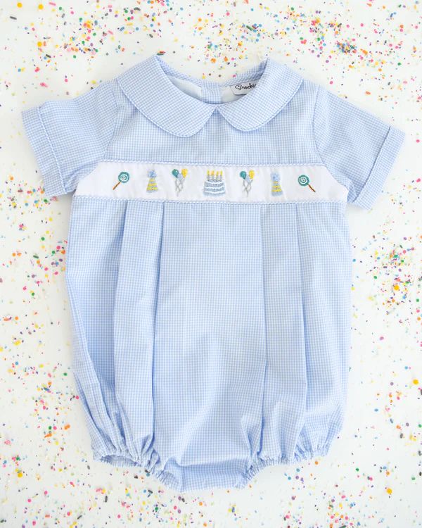 Party Time Hand Embroidered Blue Gingham Bubble | Smockingbird Kids