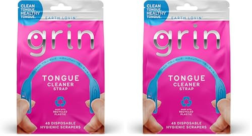 GRIN Tongue Cleaner Strap, 48 Count, Disposable Tongue Cleaner, Hygienic Dual Edge Scraper, Recycled Plastic, Clean Tongue, Healthy Tongue, Promote Fresh Breath, Includes Safe Fold- Back Tooth Pick | Amazon (US)