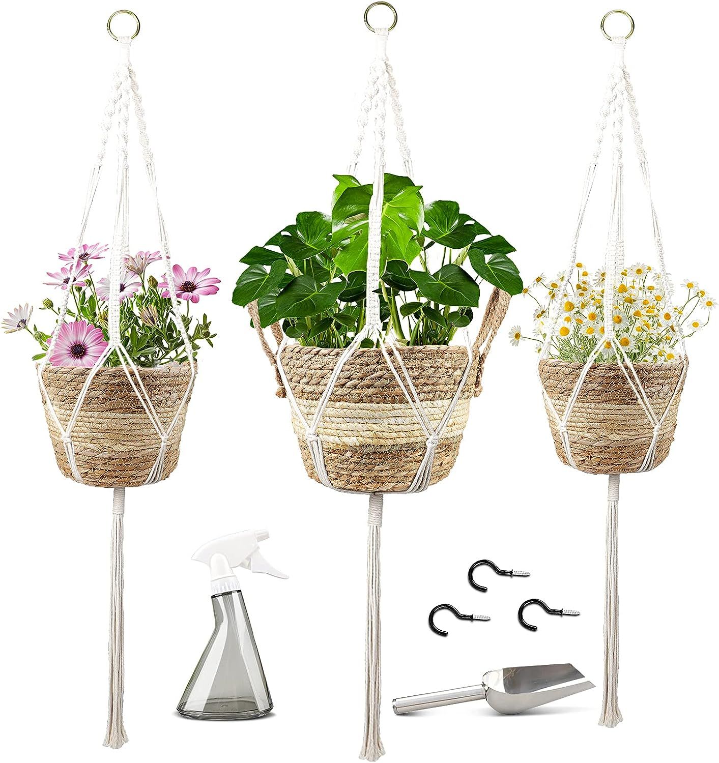 Hanging Planter for Indoor Plants, 3 Sets of Natural Seagrass Basket planters Flower Plant Hanger... | Amazon (US)
