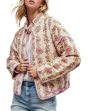 Yimoon Women's Cropped Puffer Quilted Jacket Vintage Floral Print Open Front Lightweight Short Ja... | Amazon (US)