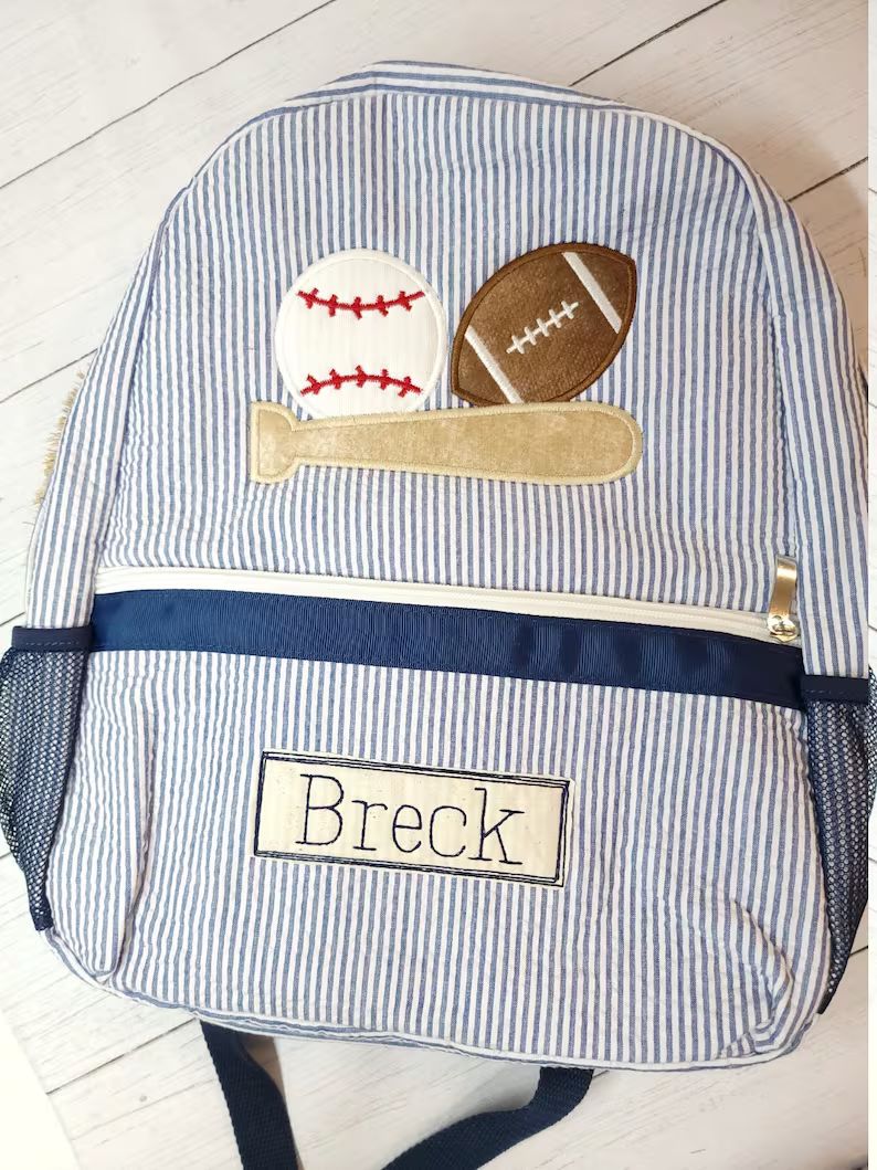 Seersucker Backpack Personalized Backpack Sports Applique - Etsy | Etsy (US)
