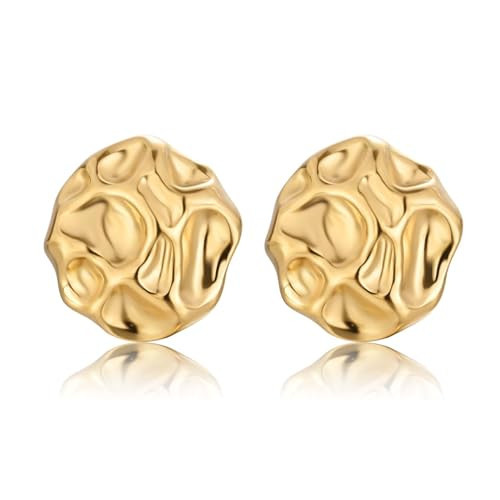 YREQUE 14k Gold Geometric Stud Earrings for Women Stainless Steel Chunky Square Round Statement Earring Women Jewelry Trendy (Gold-Round) | Amazon (US)