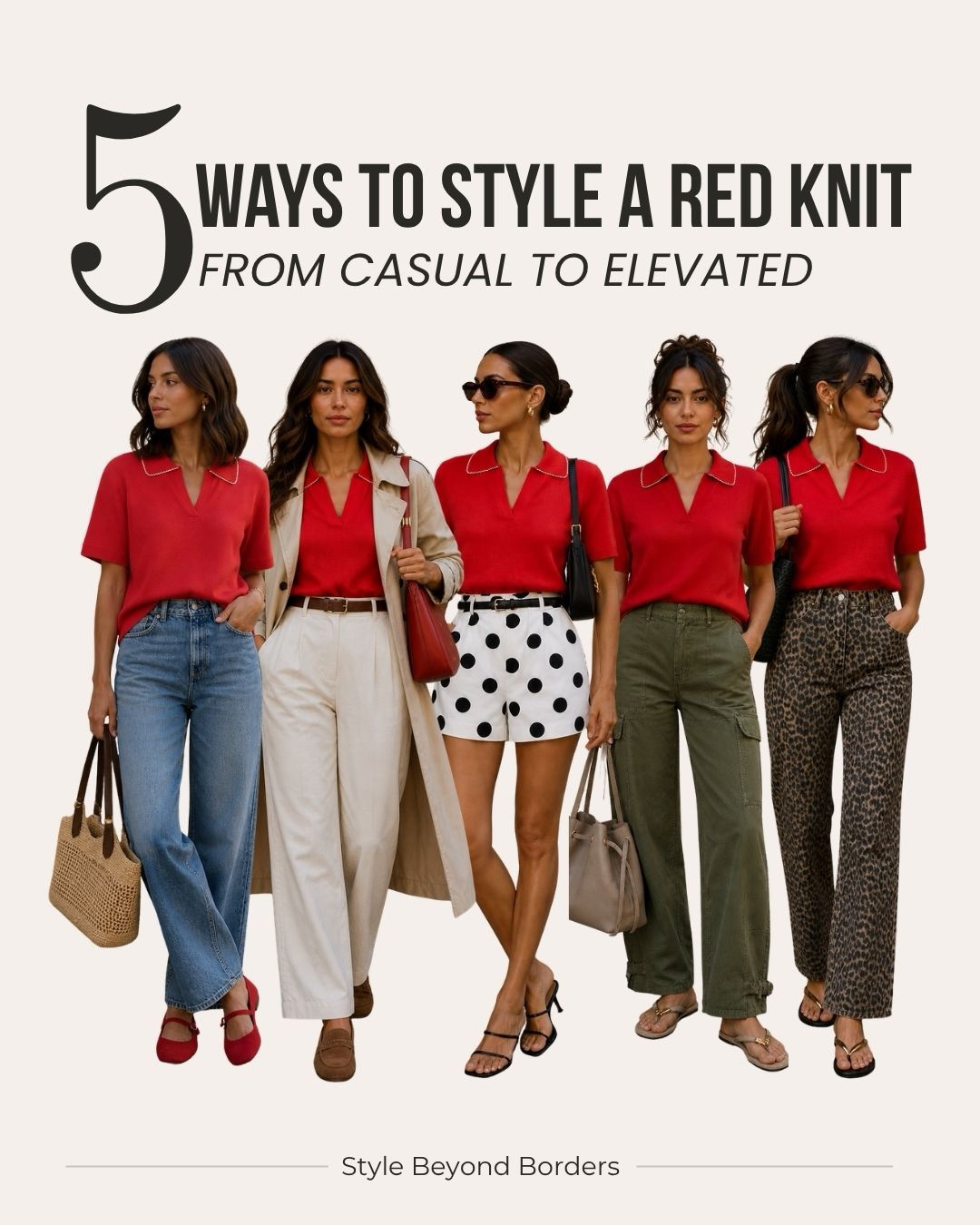 5 ways to style a red knit top ❤️✨




Tags: red knit polo, denim jeans, red ballt flats, trench coat, beige trousers, suede loafers, polka dot skirt, black heels, khaki trousers, cargo trousers, leopard trousers, sandals, suede bag, Zara, H&M, Mango, chic look, holiday outfit, elevated outfit, spring outfit, summer outfit

#LTKspring #LTKstyletip #LTKshoes