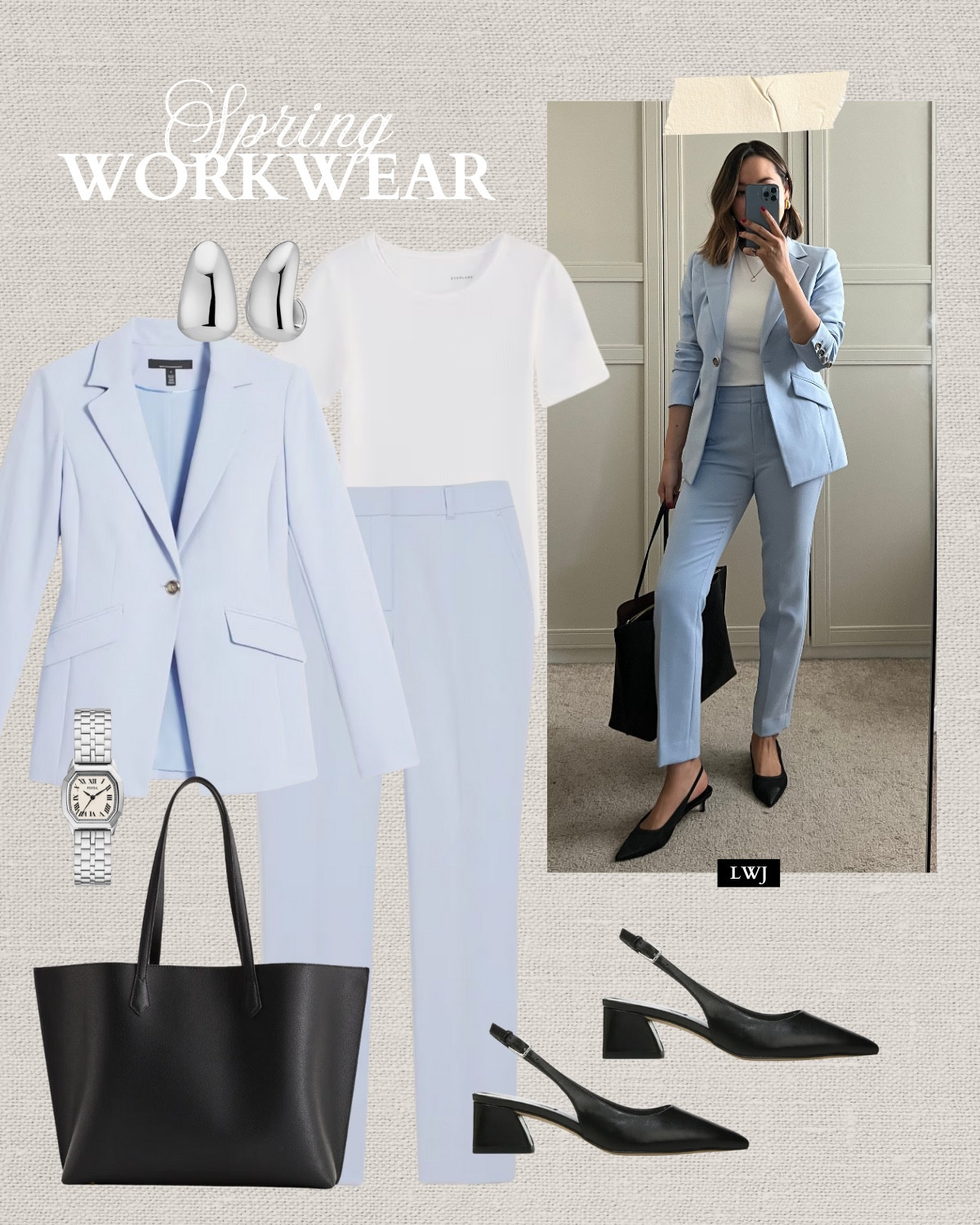 Spring work outfits 

Light blue matching suit / blazer / ankle pants / trousers / white tee Black/ black slingbacks / tote bag / silver watch / silver earrings / classic style 

#LTKSeasonal #LTKStyleTip #LTKWorkwear