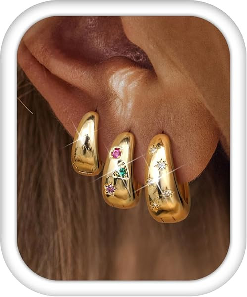 14K Gold Plated Hoop Earrings Set for Women - 3Pairs Chunky 14K Gold Plated Silver Huggie Earring... | Amazon (US)