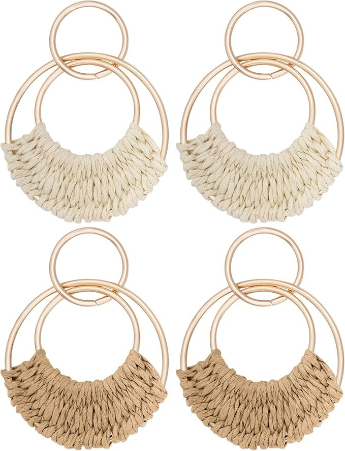 hoyuwak 2 Pairs Rattan Weave Earrings Boho Raffia Dangle Hoop Dangle Earrings Handmade Straw Wick... | Amazon (CA)