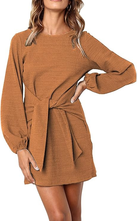 PRETTYGARDEN Women's Elegant Long Lantern Sleeve Short Dress Crewneck Tie Waist Knit Cocktail Dre... | Amazon (US)