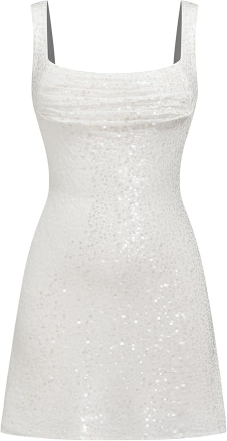 CIDER Mini Dress Sequin Ruched Bodycon Sleeveless U Neck Club Dress Night Out Middle Waist | Amazon (US)