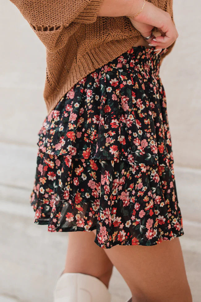 Breezy Black Floral Tiered Skort | Pink Lily