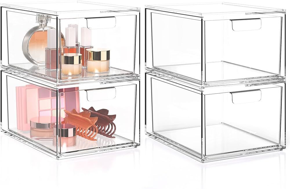 Makeup Organizer 4 Pack, Stackable Acrylic Drawer Box for Vanity, Bathroom Cabinet, Countertop, U... | Amazon (US)