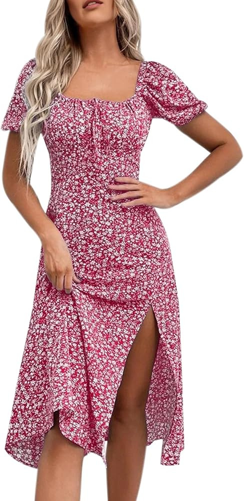 SPRIME Women's Floral Summer Casual Dress Square Neck Puff Sleeve Boho Midi Dresses Ruched Bust H... | Amazon (US)