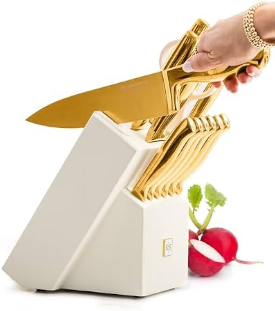 STYLED SETTINGS White and Gold Knife Set with Block \u2013 14-PC Full Tang Titanium-Coated Stainl... | Amazon (US)