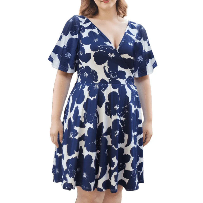 Plus Size Summer Floral Dress V-Neck Short Sleeve A-Line Knee Length XL-5XL(3XL, Blue Flower) | Walmart (US)