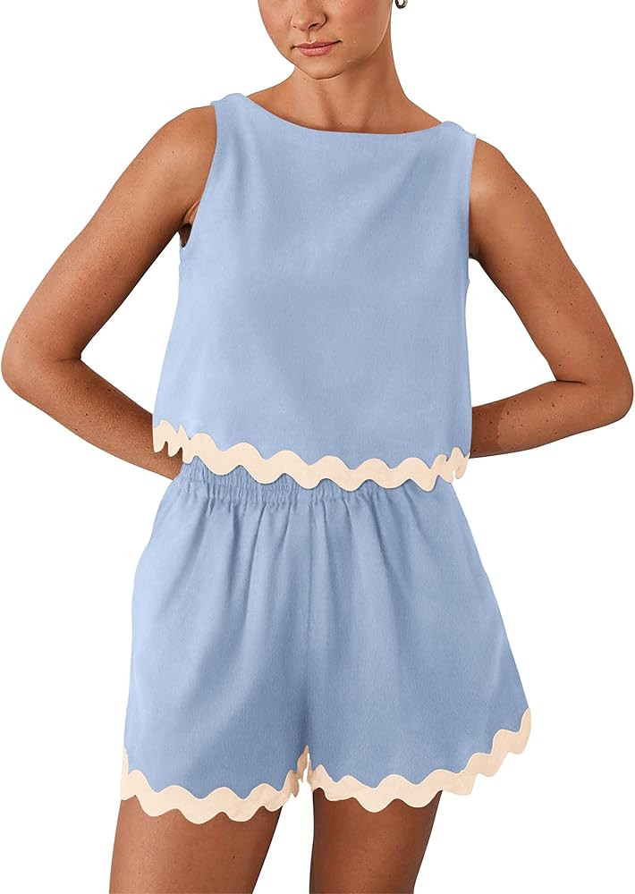 PRETTYGARDEN Women's 2 Piece Beach Vacation Outfits Casual Cropped Tank Top High Waist Shorts Set... | Amazon (US)