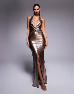 ASOS DESIGN metallic twist front deep plunge maxi dress in bronze | ASOS (Global)