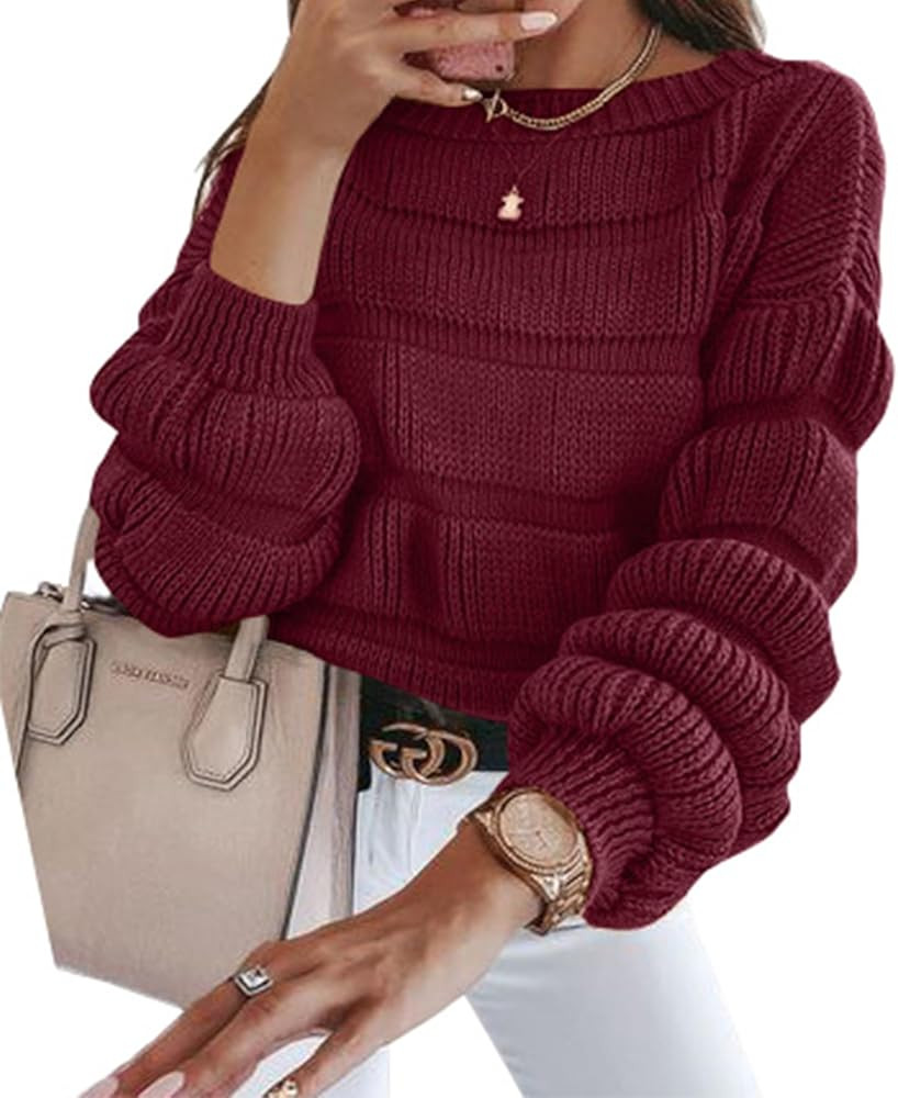 PRETTYGARDEN Women's 2023 Fall Sweaters Casual Crew Neck Pullover Long Puff Sleeve Loose Plain Ch... | Amazon (US)