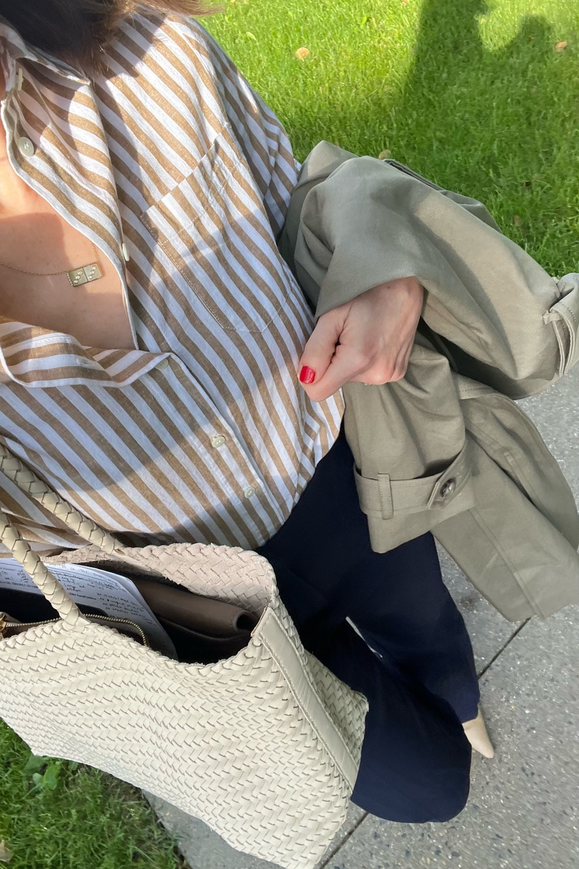 Work outfit of the day
Striped linen button up Sezane
Navy wide leg trousers Sezane
Olive khaki trench Sezane 
Beige slingback heels Sam Edelman
Ivory woven leather tote bag madewell

#LTKWorkwear #LTKShoeCrush
